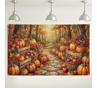 Sfondo rustico con zucche e frutti con frutteto, 180 x 109 cm | Casse rustiche in legno, sfondo fotografico, cesti di raccolta intrecciati, fogliame autunnale colorato, sentiero di pietra