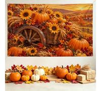 Sfondo rustico con zucche raccolte e girasole, 180 x 109 cm | Design rustico, sfondo fotografico, accenti di girasole, estetica del raccolto, decorazione autunnale