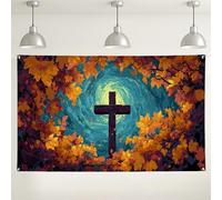 Sfondo rustico da parete con croce, foglie autunnali e natura, decorazione da parete per decorazioni della chiesa, sfondo fotografico autunnale accogliente per celebrazioni del Ringraziamento, 180 x