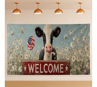 Sfondo rustico da parete con mucca di benvenuto, stile vintage con margherite, sfondo decorativo per eventi fotografici estivi, 180 x 109 cm