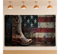 Sfondo rustico da parete con stivali da cowboy, sfondo vintage patriottico invecchiato decorazioni per feste, bandiera USA per interni ed esterni, forniture per cabina fotografica per eventi a tema