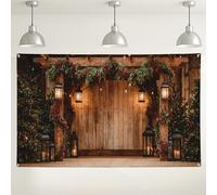 Sfondo rustico da parete natalizio, lanterne e decorazioni in pino per feste invernali, accogliente sfondo fotografico per interni ed esterni, per eventi festivi, 180 x 109 cm