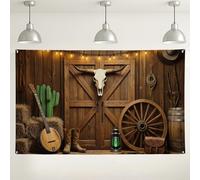 Sfondo rustico da parete occidentale, decorazione vintage per feste, motivo teschio di mucca, cactus, sfondo fotografico per interni ed esterni, sfondo per fotografie di fienili, eventi di nozze, 180