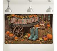 Sfondo rustico di buon compleanno, decorazioni in stile fattoria autunnale, sfondo per feste autunnali per fotografie, decorazione per feste stagionali del raccolto, 180 x 109 cm