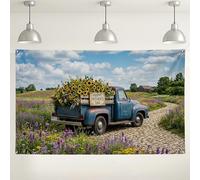 Sfondo rustico floreale con camion, sfondo fotografico vintage con campo di girasoli, decorazione primaverile per esterni per feste ed eventi, 180 x 109 cm