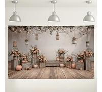 Sfondo rustico floreale da parete, lanterne in legno vintage e fiori, decorazioni per feste, affascinante sfondo fotografico per interni ed esterni, per matrimoni ed eventi autunnali, 180 x 109 cm