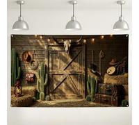 Sfondo rustico occidentale, decorazione vintage cowboy per feste, sfondo fotografico per interni ed esterni, con cactus e porta del fienile, forniture per eventi a tema occidentale, 180 x 109 cm