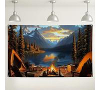 Sfondo scenico da campeggio con lago di montagna, paesaggio naturale rustico fotografico, accoglienti decorazioni per feste con pozzo del fuoco all'aperto, forniture per la raccolta autunnale 180 x