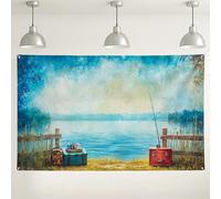 Sfondo scenico per la pesca sul lago, tranquillo sfondo fotografico naturalistico, decorazioni estive all'aperto per feste, ritiro rilassante per le vacanze, 180 x 109 cm