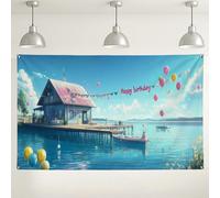 Sfondo scenico sul lungomare di compleanno, decorazioni colorate per feste a palloncino, vibrante sfondo fotografico per interni ed esterni, per celebrazioni, 180 x 109 cm