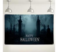 Sfondo spettrale di Halloween con cimitero, decorazioni per feste con scene scure inquietanti, sfondo stregato per eventi e celebrazioni di Halloween, 180 x 109 cm