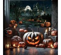 Sfondo spettrale di Halloween con luna horror, lanterna di zucca, cancello del castello, scena del cimitero, decorazione per feste, eventi notturni per bambini e adulti