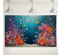 Sfondo subacqueo con barriera corallina, decorazioni colorate con scena oceanica, vivaci creature oceaniche, sfondo fotografico per feste acquatiche, eventi estivi sulla spiaggia, 180 x 109 cm