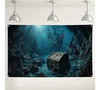 Sfondo subacqueo con scrigno del tesoro, sfondo fotografico panoramico con avventura oceanica, decorazioni per feste a tema nautico per bambini, eventi estivi sulla spiaggia, 180 x 109 cm