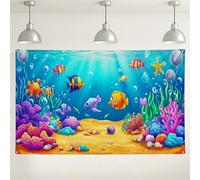 Sfondo subacqueo con vita oceanica, sfondo fotografico colorato con pesci marini coralli, ideale per decorazioni per feste per bambini, eventi estivi, feste a tema acquario, 180 x 109 cm