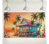 Sfondo tropicale con casa sulla spiaggia, decorazioni floreali colorate retrò per feste, tramonto estivo, sfondo fotografico per eventi e celebrazioni, 180 x 109 cm