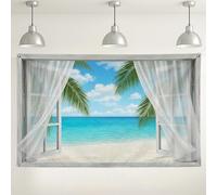 Sfondo tropicale con finestra sulla spiaggia, decorazioni per feste estive con vista sull'oceano, sfondo fotografico a tema costiero per eventi, forniture per interni ed esterni ispirati alle vacanze