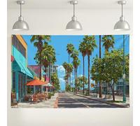 Sfondo tropicale con palme e strada, decorazione da parete urbana colorata per feste, sfondo fotografico estivo all'aperto, ideale per eventi e celebrazioni, 180 x 109 cm