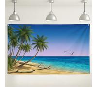 Sfondo tropicale con palme sulla spiaggia, decorazioni per feste con vista panoramica sull'oceano, sfondo fotografico blu estivo per eventi e celebrazioni, 180 x 109 cm