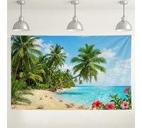 Sfondo tropicale con spiaggia, sfondo fotografico panoramico con palme, oceano blu e piante verdi decorazioni per feste estive, forniture per eventi a tema spiaggia, 180 x 109 cm