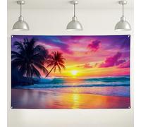 Sfondo tropicale con tramonto sulla spiaggia, decorazioni colorate con palme e vista sull'oceano, sfondo fotografico estivo per feste ed eventi, 180 x 109 cm
