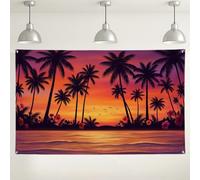 Sfondo tropicale con tramonto sulla spiaggia, decorazioni da parete panoramiche con palme, sfondo fotografico arancione viola vibrante per eventi estivi per feste estive, 180 x 109 cm