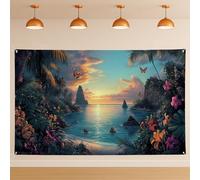 Sfondo tropicale con tramonto sulla spiaggia, isola paradisiaca panoramica estate fotografia sfondo decorazione per feste, vacanze interno/esterno giungla forniture per cabina fotografica 180 x 109 cm