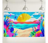 Sfondo tropicale con tramonto sulla spiaggia, sfondo colorato estivo floreale oceano, sfondo fotografico divertente per interni/esterni per feste, eventi estivi, compleanni per bambini, 180 x 109 cm