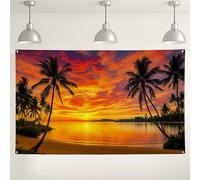 Sfondo tropicale con tramonto sulla spiaggia, sfondo fotografico panoramico con palme, decorazione arancione vivace per esterni/interni, per feste, eventi a tema estivo, 180 x 109 cm