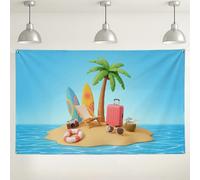Sfondo tropicale sulla spiaggia, decorazioni a tema vacanze estive, sfondo blu oceano per feste per eventi fotografici, design con palme e tavole da surf, 180 x 109 cm