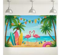 Sfondo tropicale sulla spiaggia, decorazioni colorate per feste con uccelli tropicali e tavola da surf, sfondo con scena oceanica estiva per eventi fotografici e celebrazioni, 180 x 109 cm