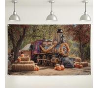 Sfondo vintage a forma di treno, decorazione autunnale a forma di zucca, sfondo rustico per feste autunnali, forniture per foto da raccolta, 180 x 109 cm
