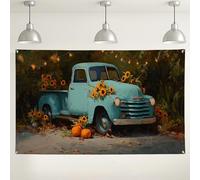 Sfondo vintage con camion blu, decorazioni rustiche floreali per riunioni autunnali, sfondo fotografico autunnale con girasole per eventi di raccolta, 180 x 109 cm