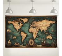Sfondo vintage con mappa del mondo, sfondo fotografico decorativo a tema nautico, perfetto per feste di viaggio, decorazioni per la casa ed eventi educativi, 180 x 109 cm