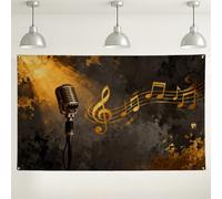 Sfondo vintage con microfono musicale, eleganti note dorate, decorazioni artistiche per feste, sfondo fotografico retrò per interni ed esterni, per eventi e celebrazioni, 180 x 109 cm