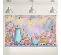 Sfondo vintage floreale per tea party, simpatico design con cupcake e teiera, sfondo decorativo blu e pesca per fotografia, festa di compleanno, eventi primaverili, 180 x 109 cm