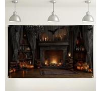Sfondo vintage per biblioteca di Halloween, sfondo decorativo per la casa, scena del camino infestato per feste fotografiche, decorazioni per festival autunnali, 180 x 109 cm