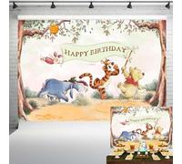 Sfondo vintage Pooh Bear Happy Birthday classico Winnie and Friends in Woods sfondo verde neutro decorazioni per feste 2,1 x 1,5 m 304