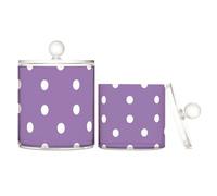 Sfondo viola con pois bianchi su di esso, contenitori in plastica trasparente con coperchio, elementi essenziali per il bagno, piccoli contenitori decorativi in cotone, confezione da 2