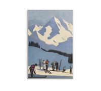 SFXHHWG Poster in stile vintage, motivo: sciatori su montagna e neve, con stampa artistica da parete, su tela, per soggiorno, camera da letto, 50 x 75 cm