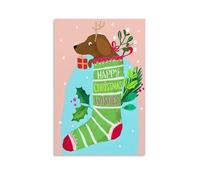 SFXHHWG Poster natalizio con illustrazione di un simpatico cane in calza con messaggio festivo, squisito dipinto moderno per la famiglia, per soggiorno e camera da letto, stampa artistica da parete su