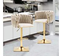 Sgabelli da bar alti regolabili in altezza moderni ed eleganti, sgabelli da bar girevoli in velluto intrecciato a mano per il ristorante (set da 2), sedie da pranzo dorate con poggiapiedi e base in ac