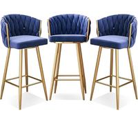 Sgabelli da Bar Sgabelli da bar, sedie da bancone for la colazione, sgabelli alti, seduta imbottita in velluto, girevole a 360°, cucina con poggiapiedi for isola, pub, bistrot(Blue 3 Pcs,Gold Leg)