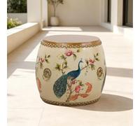 Sgabelli Decorativi Da Giardino Per Esterni, Sgabello A Tamburo In Legno | Modello Smaltato E Dipinto A Mano, Membrana In Pelle Bovina, Base Stabile, Per Soggiorno, Balcone E Giardino(4-White)
