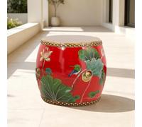 Sgabelli Decorativi Da Giardino Per Esterni, Sgabello A Tamburo In Legno | Modello Smaltato E Dipinto A Mano, Membrana In Pelle Bovina, Base Stabile, Per Soggiorno, Balcone E Giardino(2-Red)