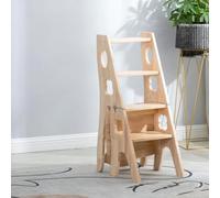 Sgabello a Gradini Convertibile 2-In-1 in Legno Massello, Sedia Scala | Pieghevole 4 Gradini per Biblioteca, Sgabello da Bar Portatile Multifunzionale(F)