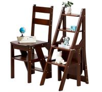 Sgabello a Scala Pieghevole 3-in-1 in Legno Massello, Sgabello Convertibile e Supporto Espositivo, Scala Multi-funzionale a 4 Ripiani, per Casa, Cucina, Biblioteca, Capacità 150kg (Color noce)