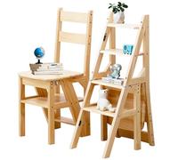 Sgabello a Scala Pieghevole 3-in-1 in Legno Massello, Sgabello Convertibile e Supporto Espositivo, Scala Multi-funzionale a 4 Ripiani, per Casa, Cucina, Biblioteca, Capacità 150kg (Color legno)