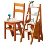 Sgabello a Scala Pieghevole 3-in-1 in Legno Massello, Sgabello Convertibile e Supporto Espositivo, Scala Multi-funzionale a 4 Ripiani, per Casa, Cucina, Biblioteca, Capacità 150kg (Marrone)