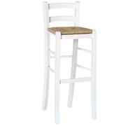 Sgabello alto da bar in legno bianco con seduta in paglia h 80 cm